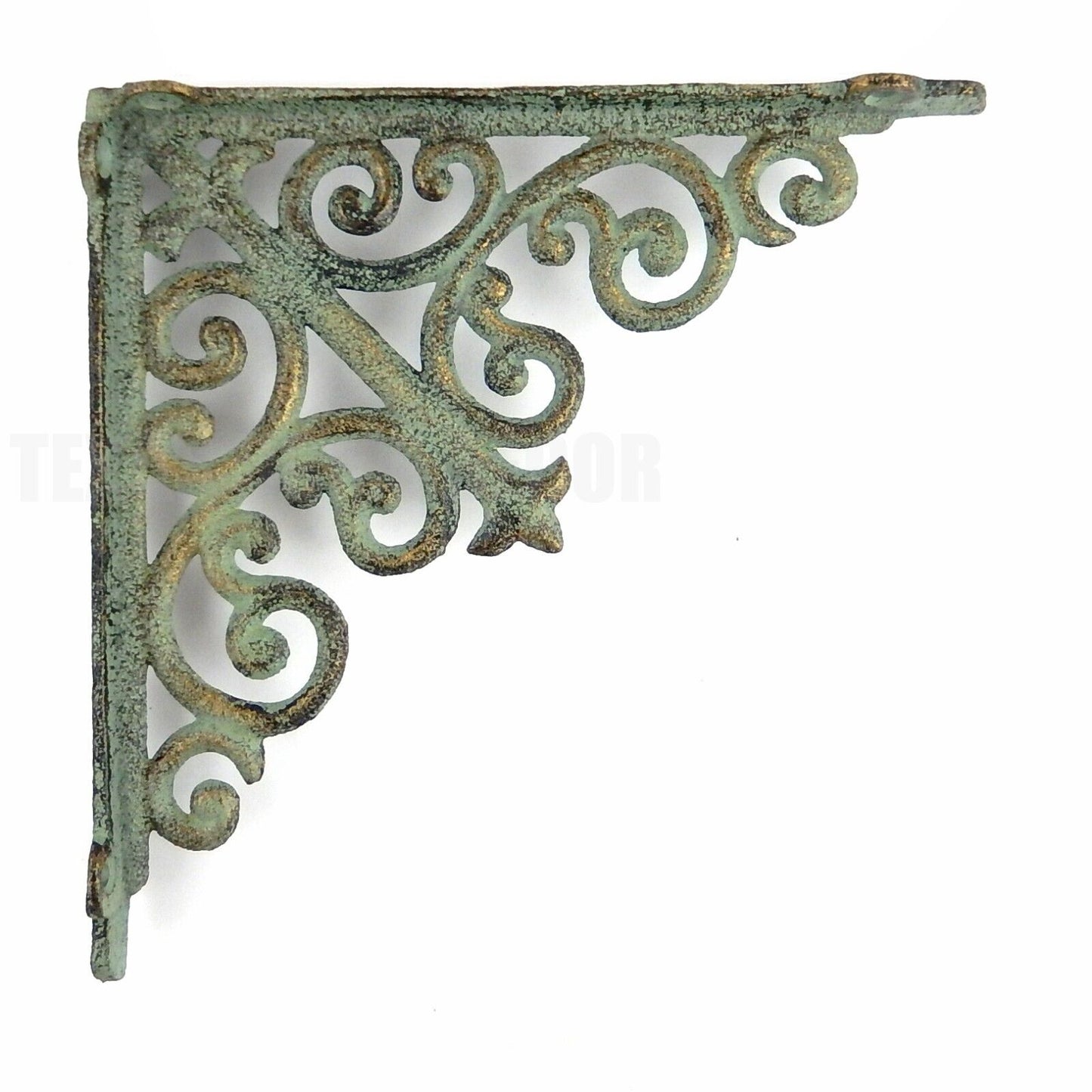 2 Fleur De Lis Ornate Shelf Brackets Verdigris Green Gold Patina Cast Iron 8"