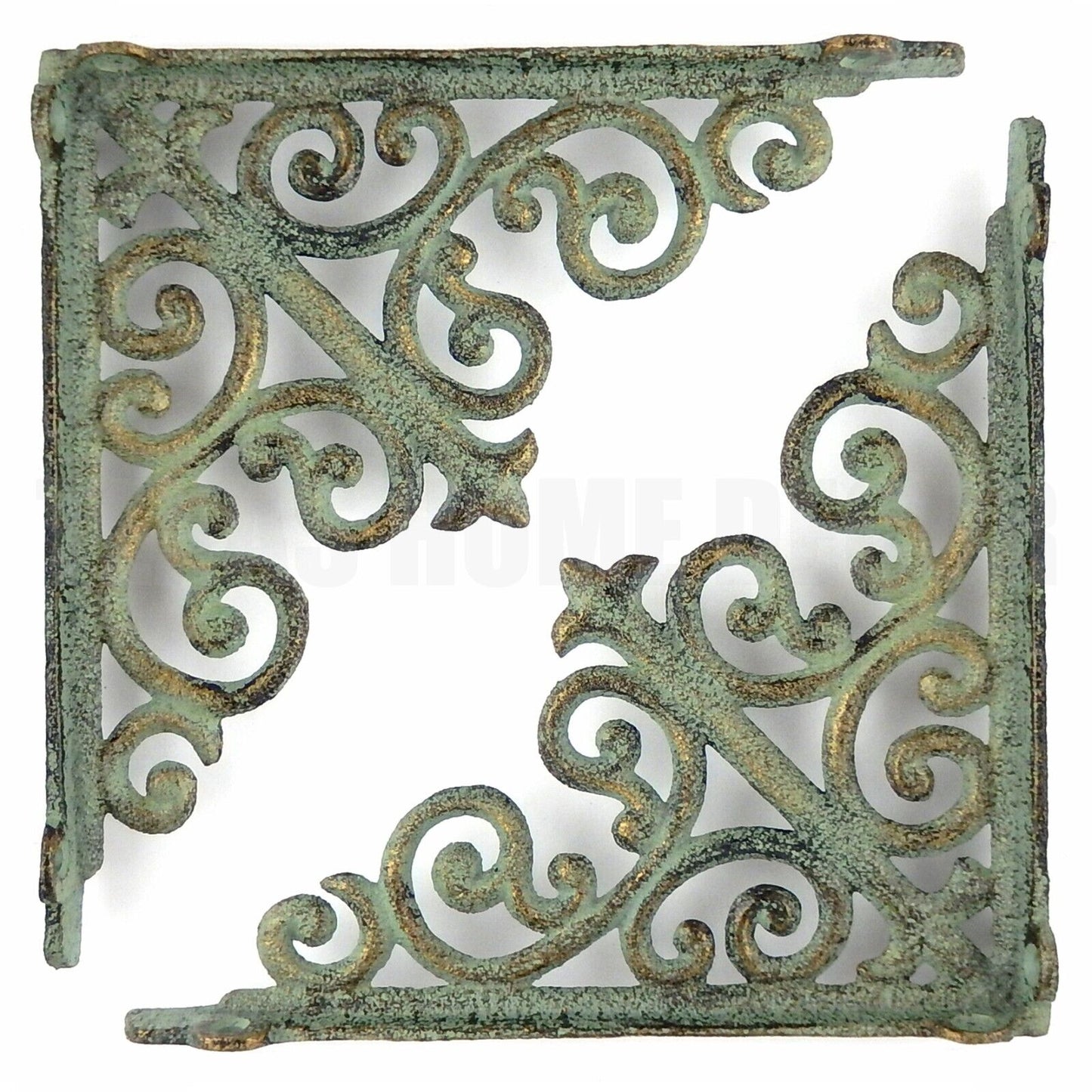 2 Fleur De Lis Ornate Shelf Brackets Verdigris Green Gold Patina Cast Iron 8"