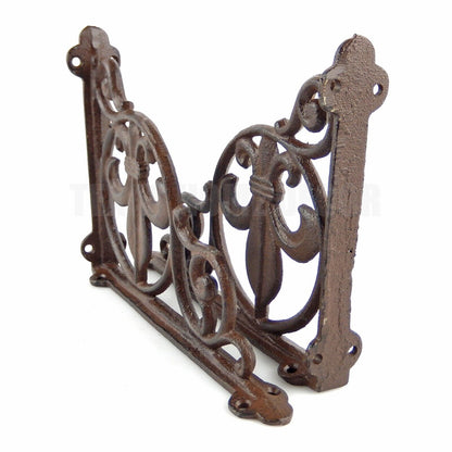 2 Fleur De Lis Shelf Brackets Cast Iron Braces Rustic Brown 9 x 6.5"