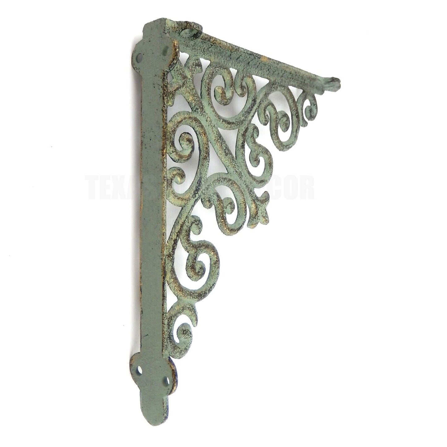 2 Fleur De Lis Ornate Shelf Brackets Verdigris Green Gold Patina Cast Iron 8"