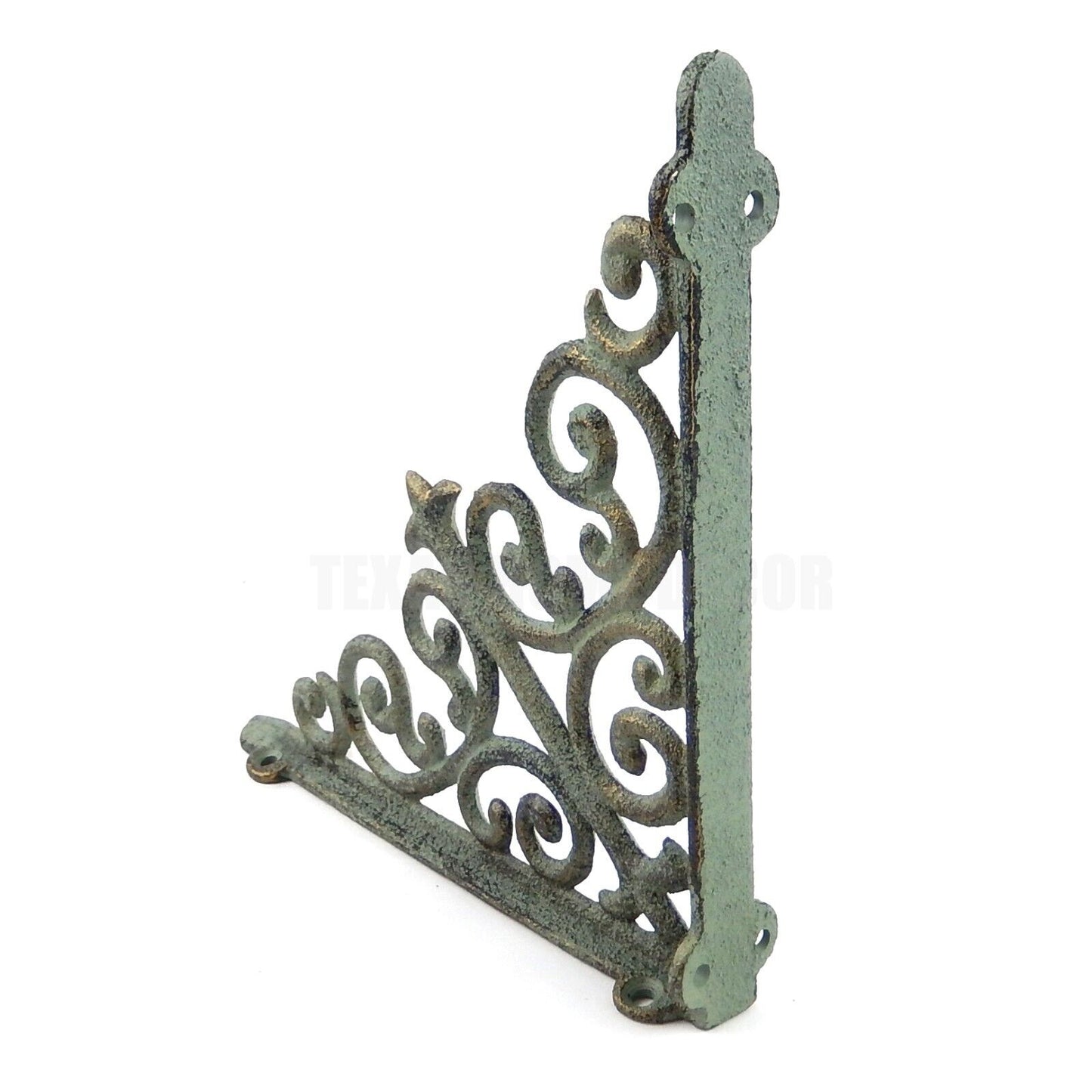 2 Fleur De Lis Ornate Shelf Brackets Verdigris Green Gold Patina Cast Iron 8"