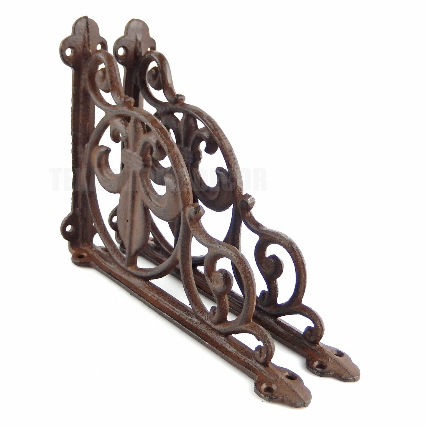 2 Fleur De Lis Shelf Brackets Cast Iron Braces Rustic Brown 9 x 6.5"