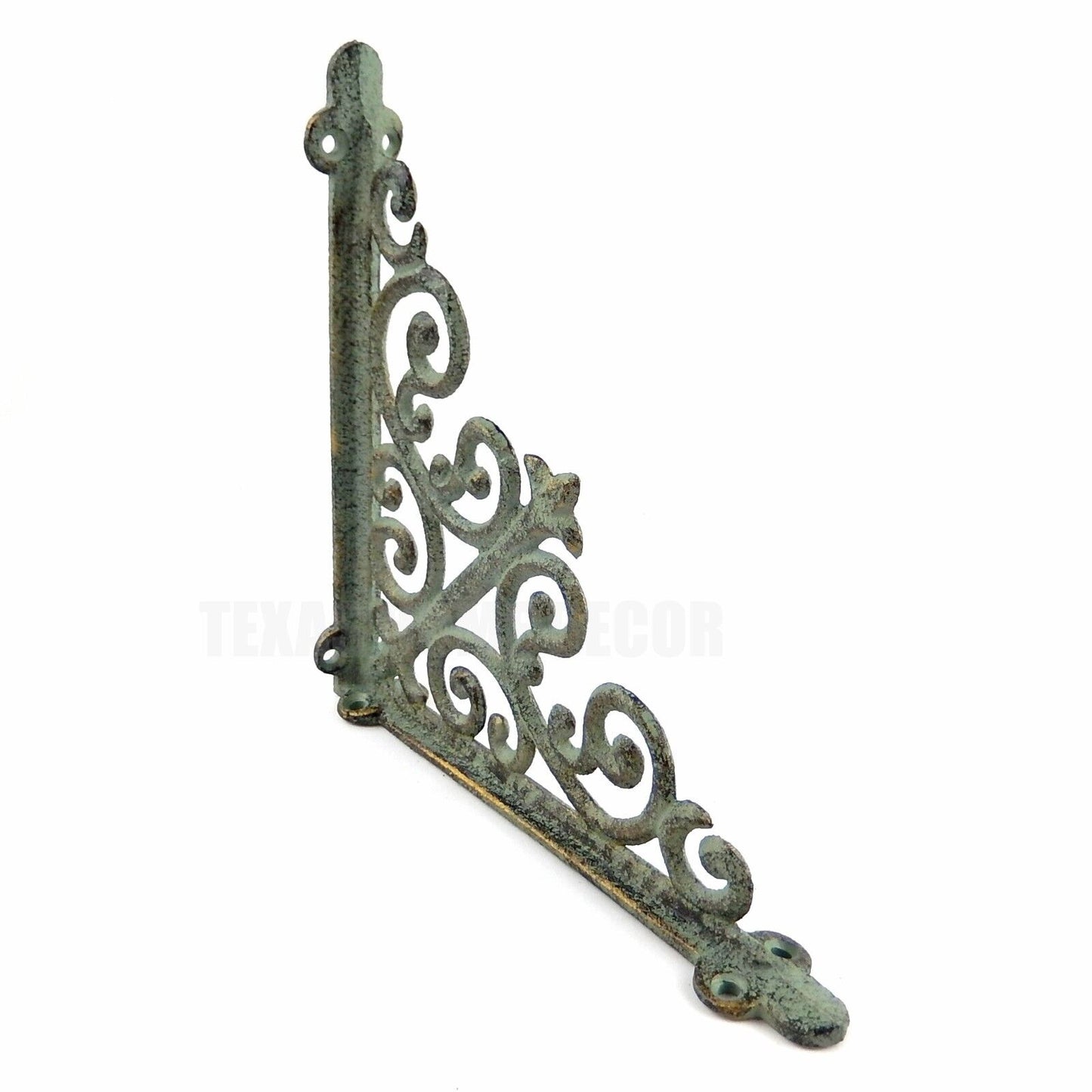 2 Fleur De Lis Ornate Shelf Brackets Verdigris Green Gold Patina Cast Iron 8"