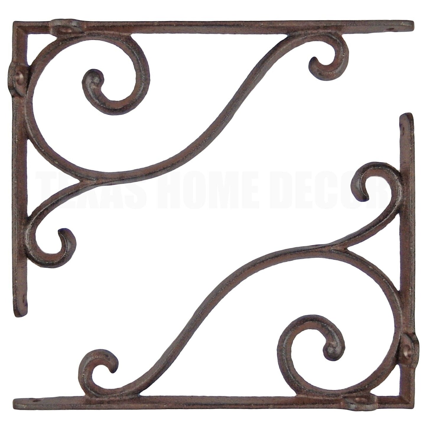 2 Cast Iron Scrolls Shelf Brackets Rustic Brown Patina Finish 9 1/4 x 7 inches