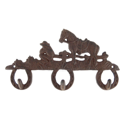 Cowboy Coat Rack Cast Iron Wall Hook Key Hanger Horse Horseshoes Rustic Western