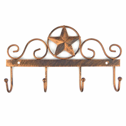 Star Scrolls Key Rack Wall Hook Hanger With Four Hooks Tin Metal Copper Finish