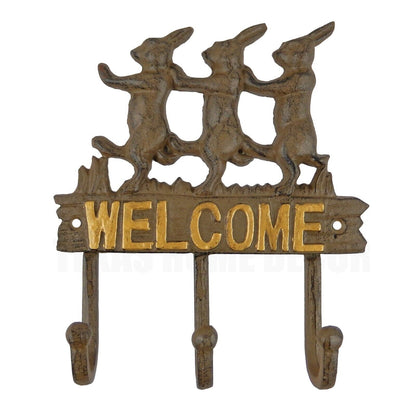 Conga Line Rabbits Bunny Welcome Wall Hook Coat Rack Key Hanger Brown Cast Iron