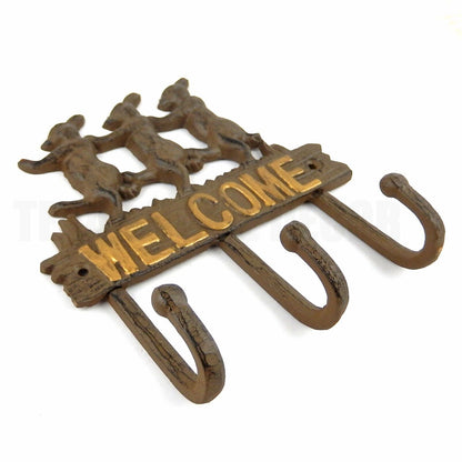 Conga Line Rabbits Bunny Welcome Wall Hook Coat Rack Key Hanger Brown Cast Iron