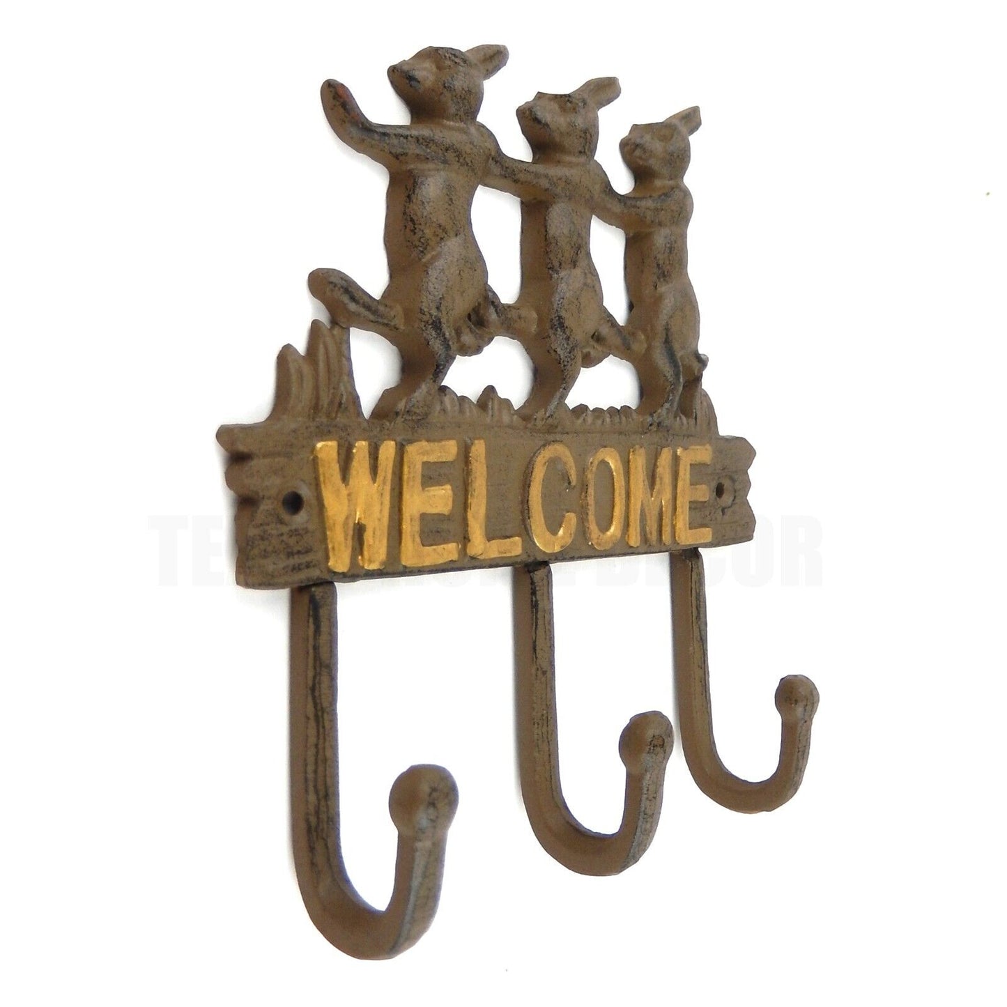 Conga Line Rabbits Bunny Welcome Wall Hook Coat Rack Key Hanger Brown Cast Iron