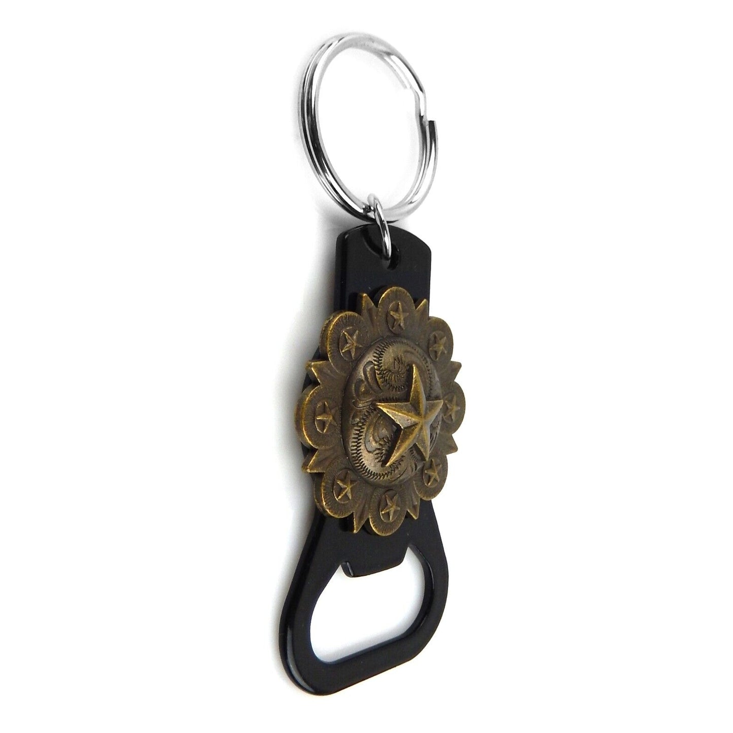 Metal Key Fob Beer Bottle Opener Hand Held Bronze Star Floral Concho Split Ring