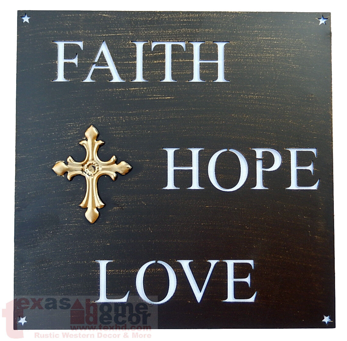 Faith Hope Love Wall Plaque Steel Plate Metal Cut-Out Stars Brushed Copper 12"