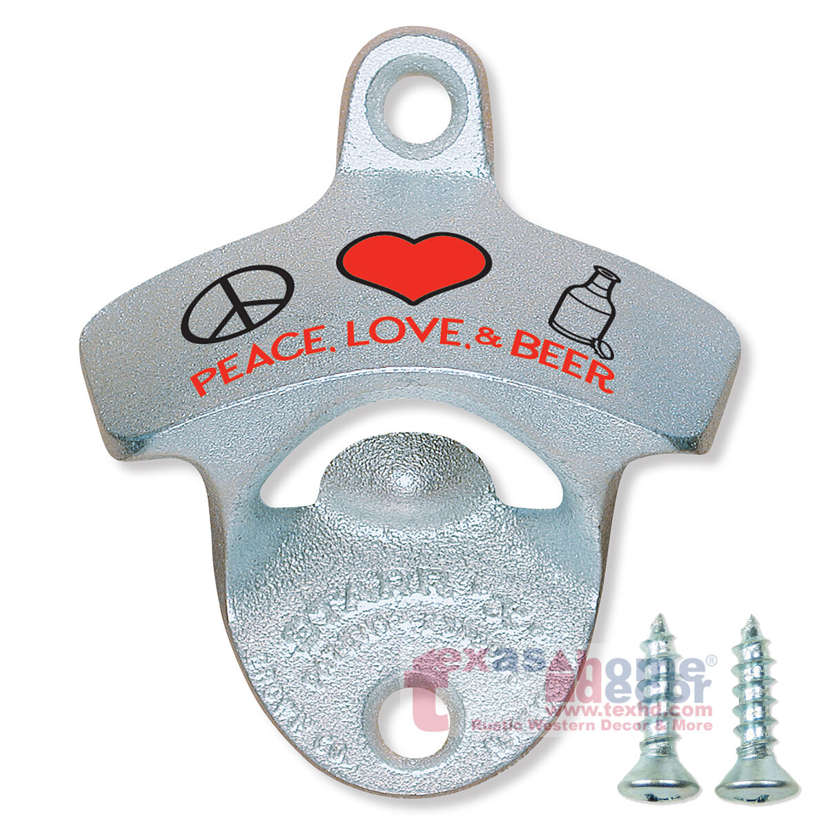 Peace, Love, Beer Bottle Opener Starr X Zinc Cast Iron Wall Mounted With Screws