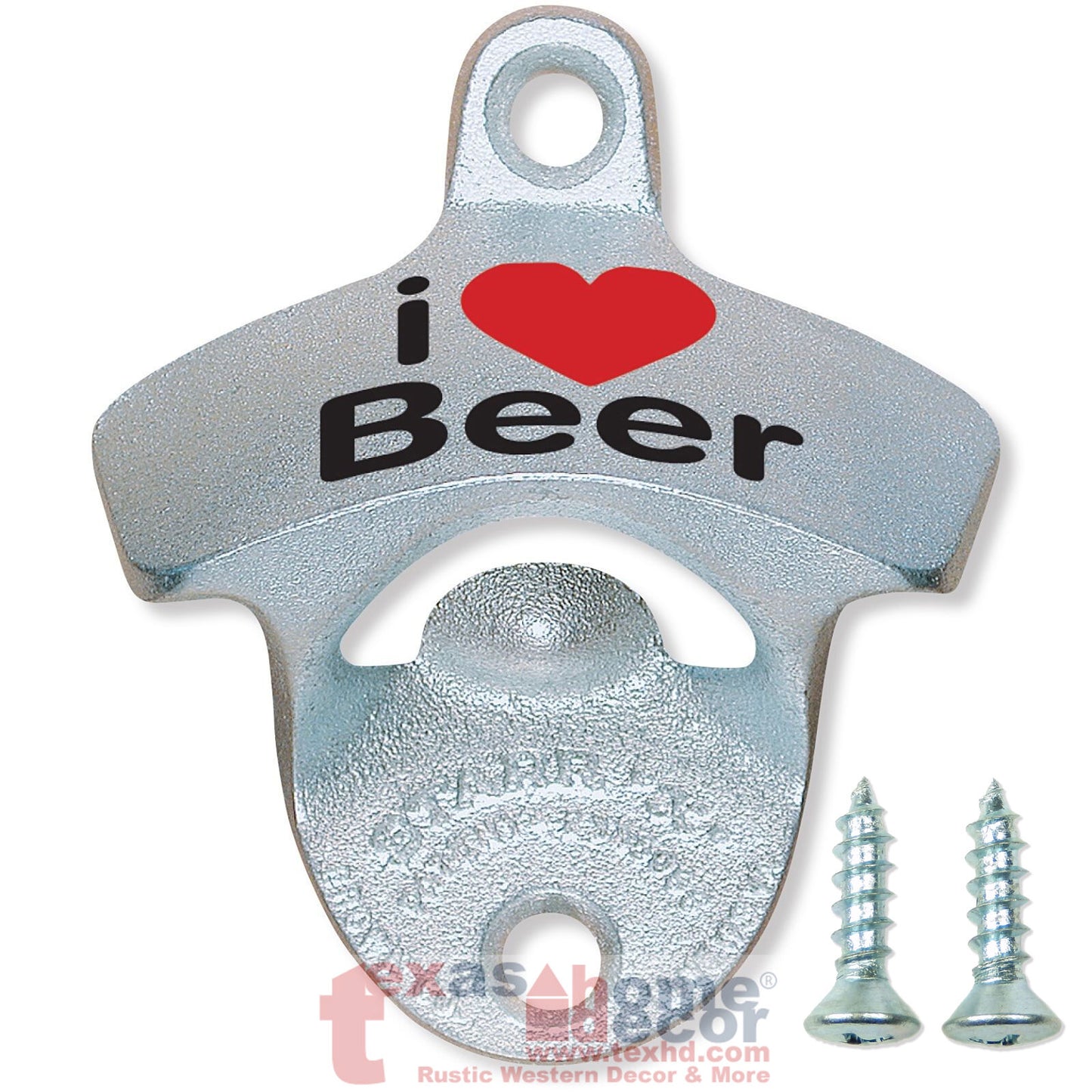 I Love Beer Bottle Opener Heart Starr X Wall Mount Zinc Cast Iron w/Screws