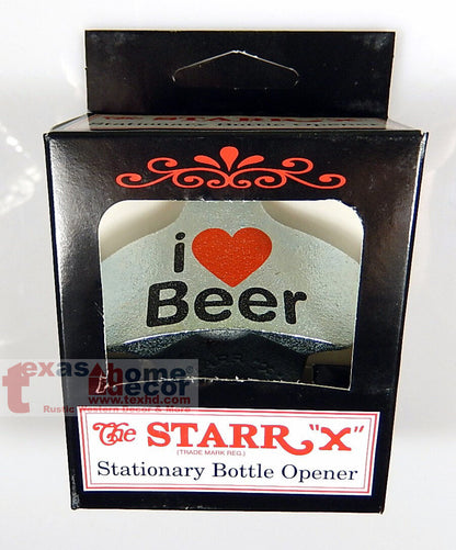 I Love Beer Bottle Opener Heart Starr X Wall Mount Zinc Cast Iron w/Screws