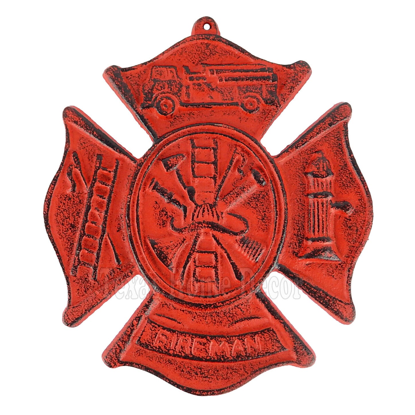 Cast Iron Red Fireman Firefighter Wall Decor Emblem Logo Plaque Maltese Cross