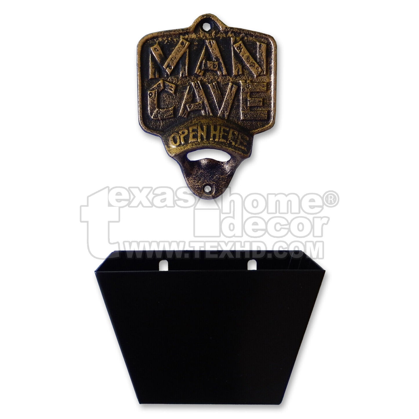 Rustic Cast Iron MAN CAVE Open Here Beer Bottle Opener With Metal Cap Catcher