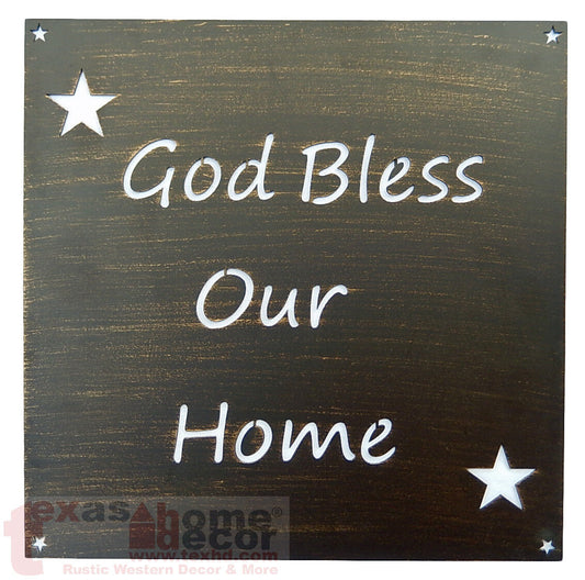 God Bless Our Home Plaque Steel Plate Metal Cut-Out Stars Brushed Copper 12"