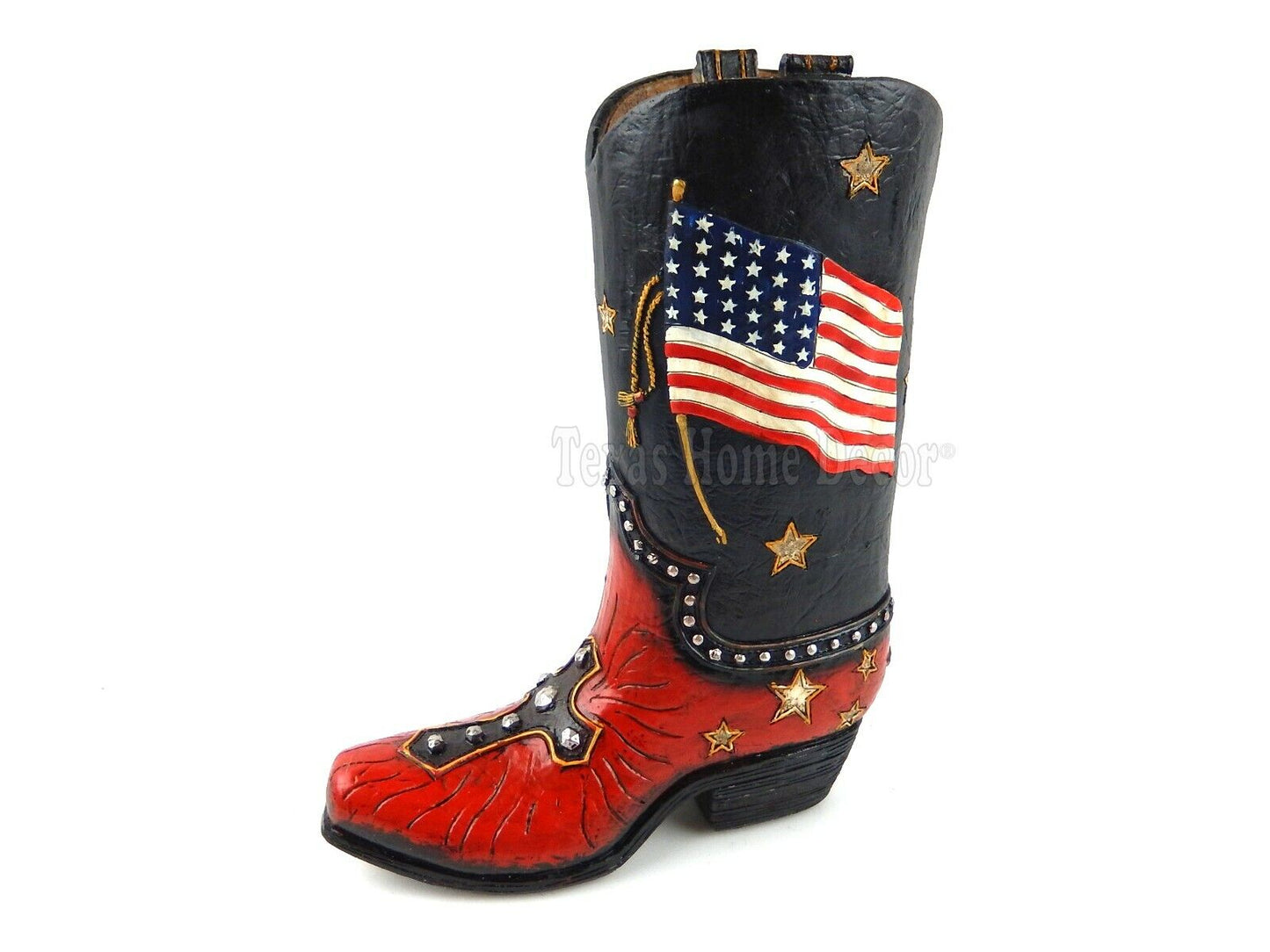 American Flag Boot Vase Flower Holder Eagle Liberty Bell Cross Stars Studs