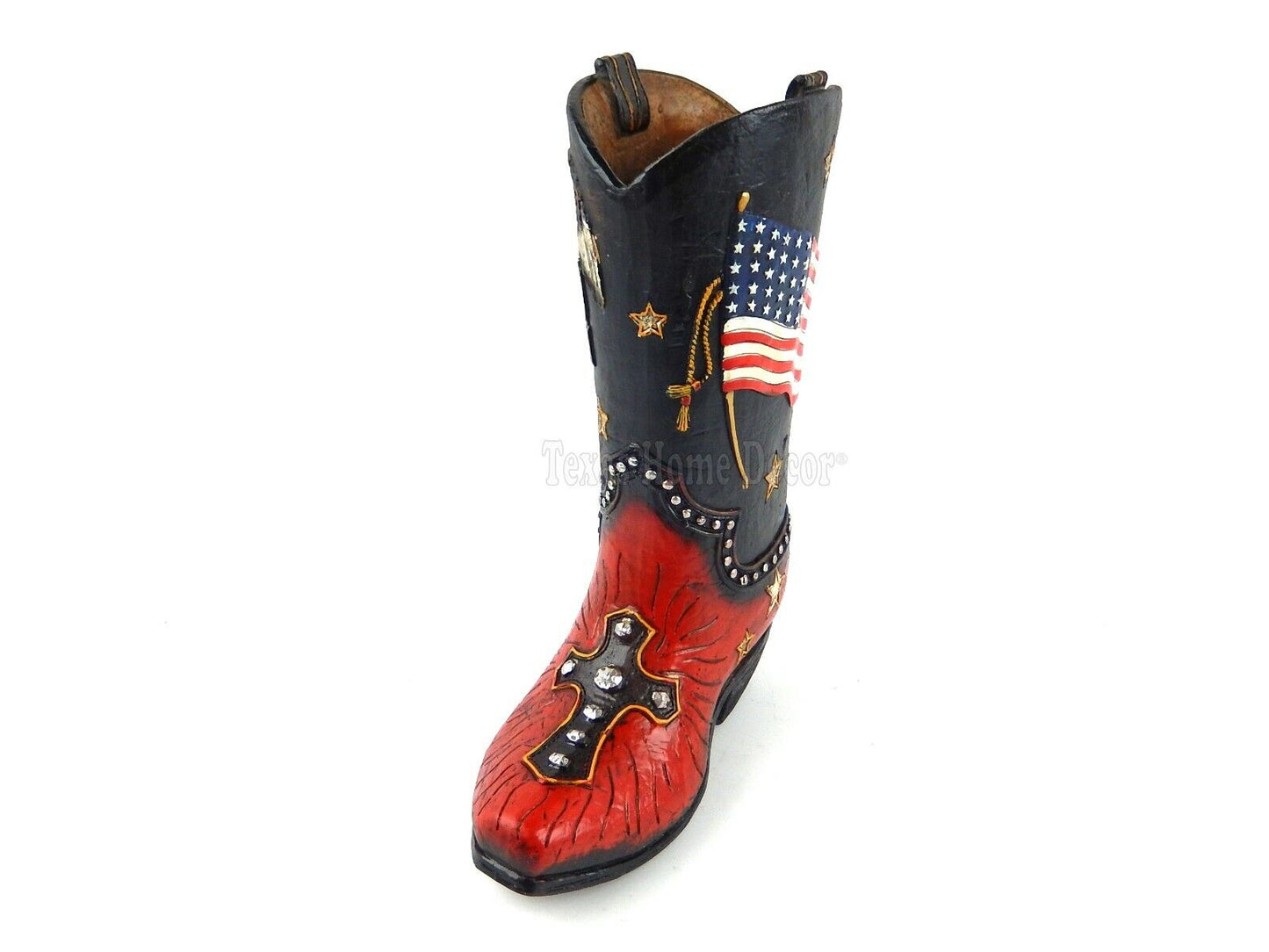 American Flag Boot Vase Flower Holder Eagle Liberty Bell Cross Stars Studs