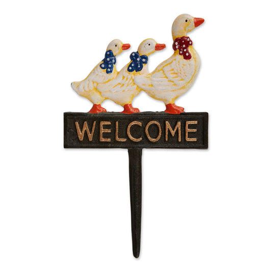 Duck Family Welcome Garden Ground Stake Cast Iron Yard Plaque Sign Heavy Duty