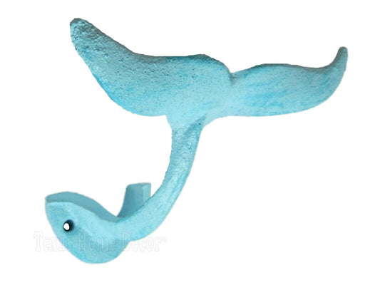 Whale Tail Wall Hook Cast Iron Nautical Coat Hat Towel Hanger Light Blue Color