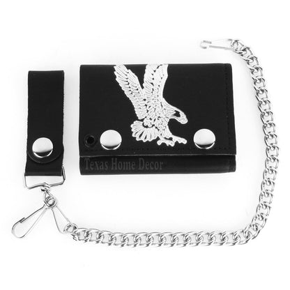 Silver Eagle Genuine Leather Wallet Trucker Biker Chain Tri-Fold Black USA Made