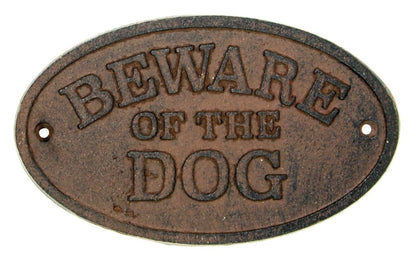 Beware of The Dog Fence Sign Cast Iron Oval Plaque Rustic Finish Heavy Duty 6.5"