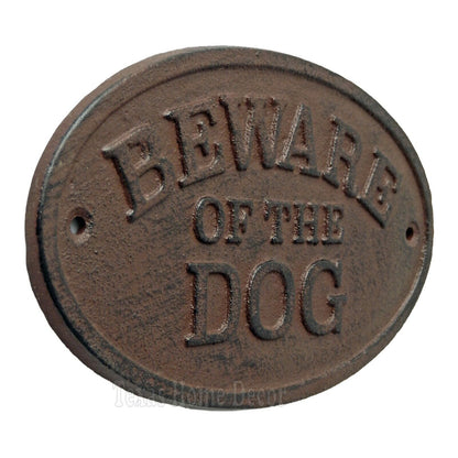 Beware of The Dog Fence Sign Cast Iron Oval Plaque Rustic Finish Heavy Duty 6.5"