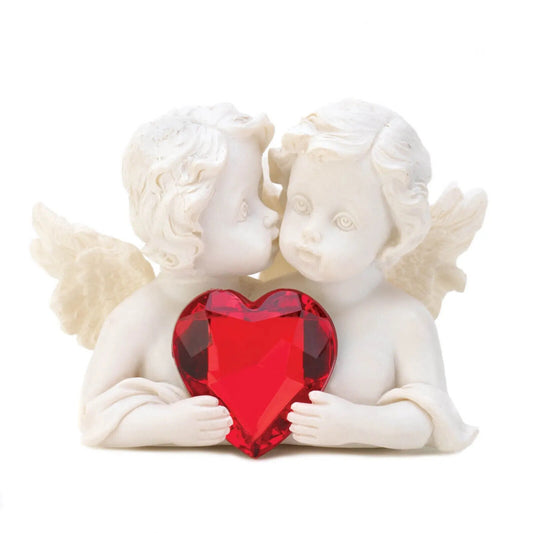 Angels in Love Gift Figurine Kissing Cherubs Heart Ruby Red Jewel Mini Valentine