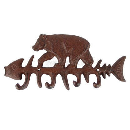 Fish Skeleton with Bear Key Rack Coat Towel Hanger Cast Iron Lodge Cabin Decor