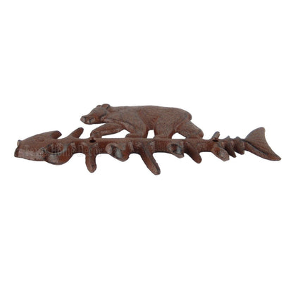 Fish Skeleton with Bear Key Rack Coat Towel Hanger Cast Iron Lodge Cabin Decor