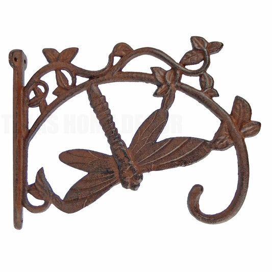 Cast Iron Dragonfly Wall Bracket Plant Hanger Basket Hook Vines Rustic Brown 11"