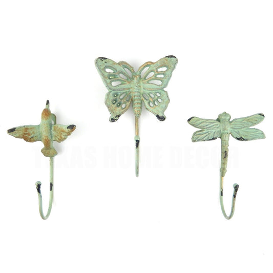 3 Pcs Butterfly Hummingbird Dragonfly Wall Hooks Coat Towel Key Hanger Cast Iron