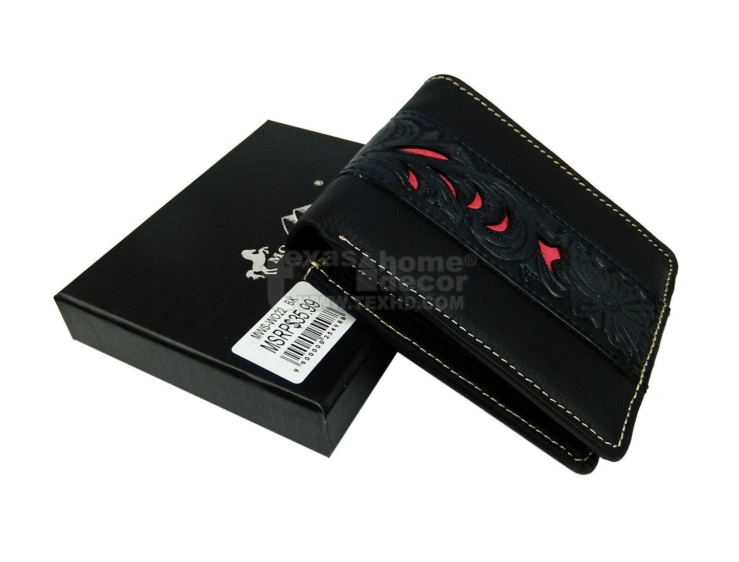 Black Bi-Fold Men's Wallet Genuine Hand Tooled Leather Pink Floral Inlay