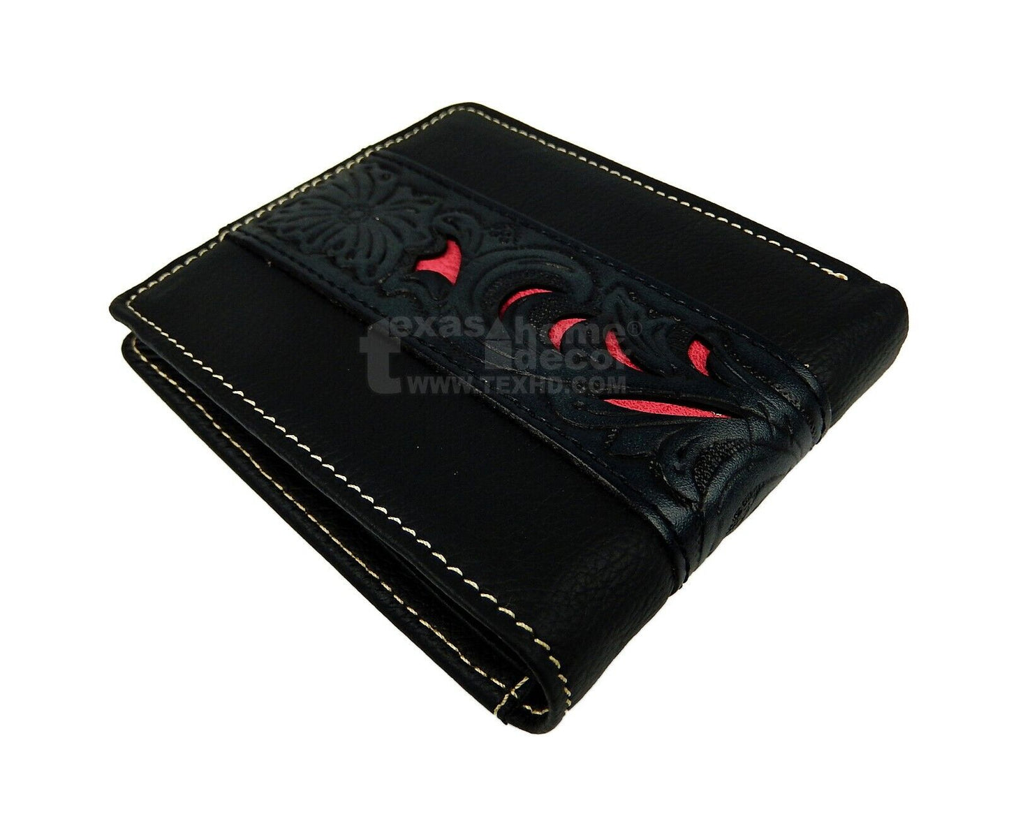 Black Bi-Fold Men's Wallet Genuine Hand Tooled Leather Pink Floral Inlay