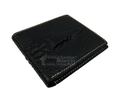 Western Bi-Fold Men's Wallet Genuine Hand Tooled Leather Crocodile Texture Black