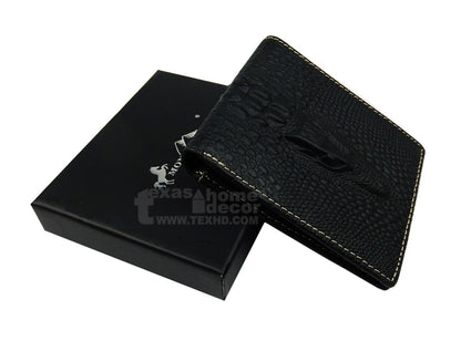 Western Bi-Fold Men's Wallet Genuine Hand Tooled Leather Crocodile Texture Black