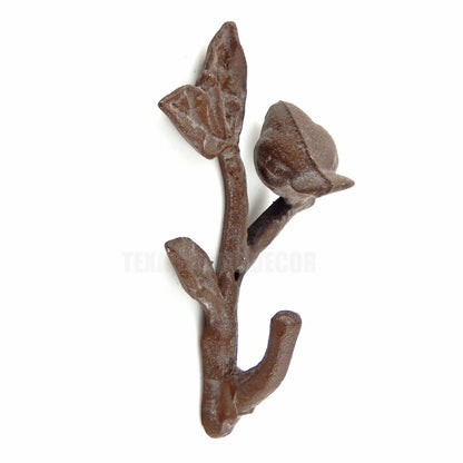 Bird Branch Flower Wall Hook Cast Iron Key Towel Coat Hanger Antique Style Brown