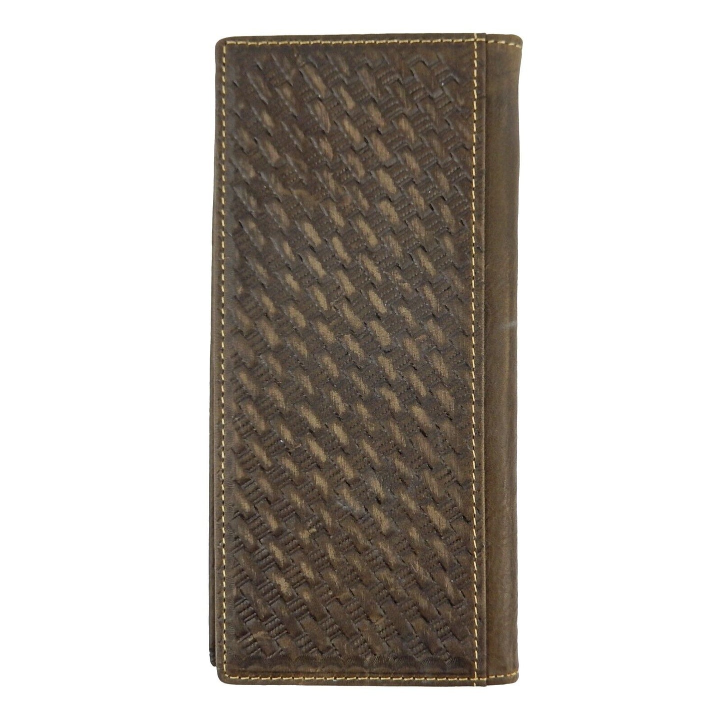 Brown Leather Bi-Fold Long Rodeo Wallet Tooled Cross Flowers Woven Pattern 7.5"