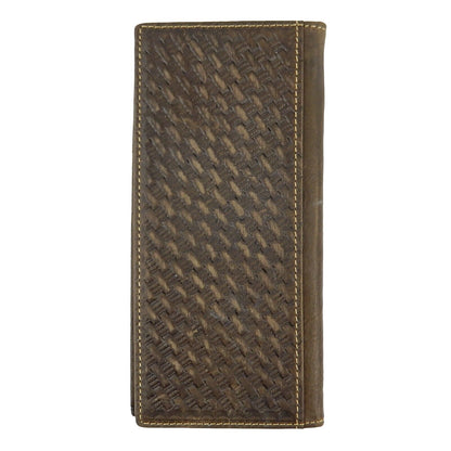 Brown Leather Bi-Fold Long Rodeo Wallet Tooled Cross Flowers Woven Pattern 7.5"