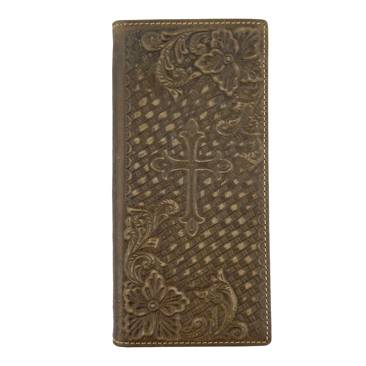 Brown Leather Bi-Fold Long Rodeo Wallet Tooled Cross Flowers Woven Pattern 7.5"