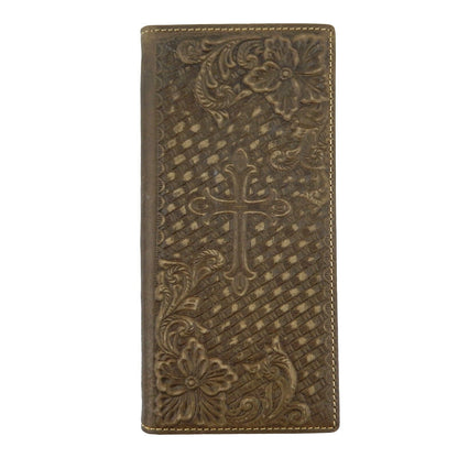 Brown Leather Bi-Fold Long Rodeo Wallet Tooled Cross Flowers Woven Pattern 7.5"