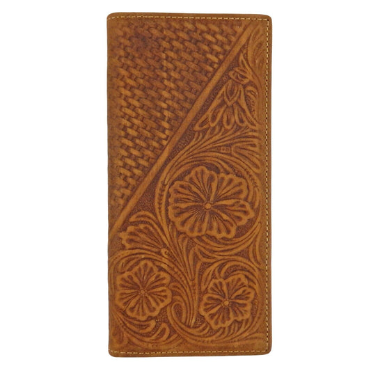 Brown Floral Tooled Leather Bi-Fold Rodeo Wallet Woven Pattern 13 Cards Cash ID