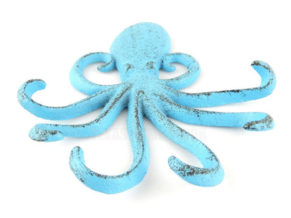 Blue Octopus Tentacles Key Rack Cast Iron Coat Towel Hanger Wall Hook Nautical