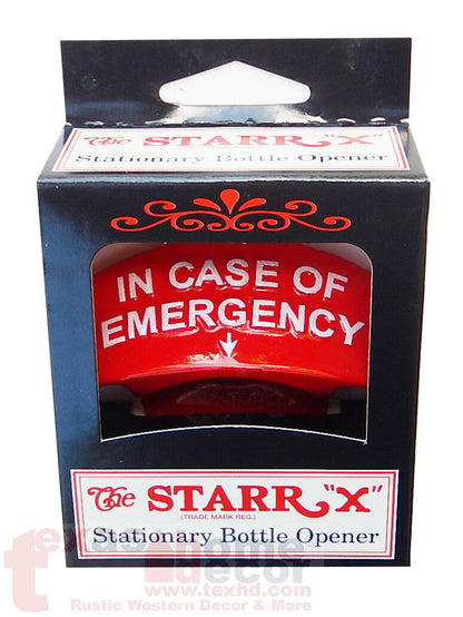 In Case of Emergency Beer Bottle Opener Embossed Red White Starr X Wall Mounted