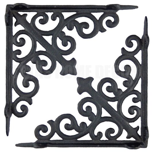 2 Cast Iron Fleur De Lis Shelf Brackets Scrolls Victorian Style Antique Black 8"