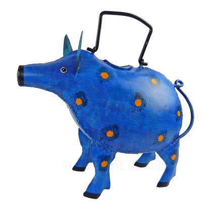 Handcrafted Metal Spotted Blue Pig Watering Can Plant Pals Garden Porch Decor