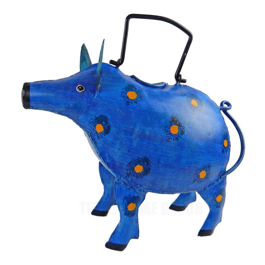 Handcrafted Metal Spotted Blue Pig Watering Can Plant Pals Garden Porch Decor