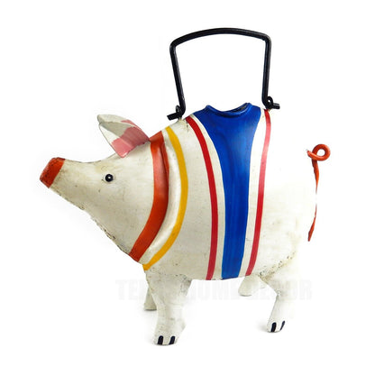 Handcrafted Metal Stripped Poncho Pig Watering Can Plant Pals Garden Porch Decor