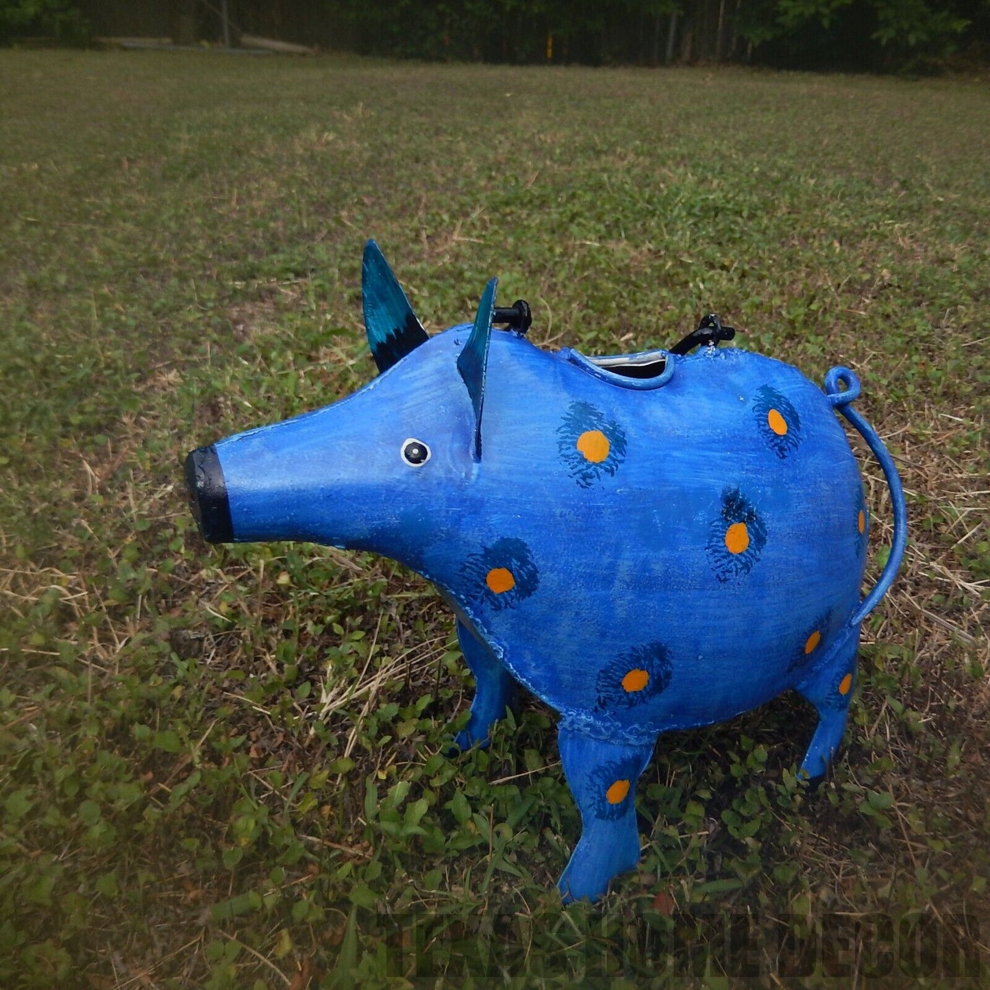 Handcrafted Metal Spotted Blue Pig Watering Can Plant Pals Garden Porch Decor